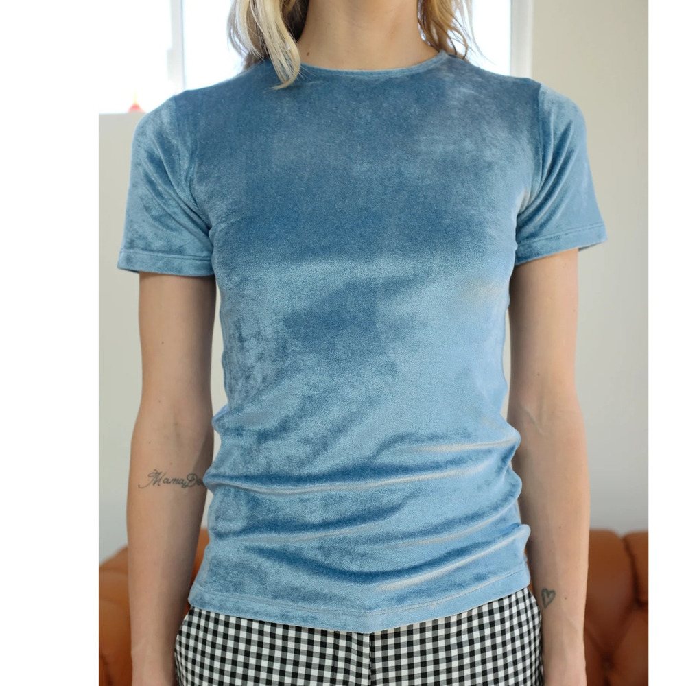 Baserange Omo Tee Shirt Top Temporary Blue Velvet Velour Size Medium NWT